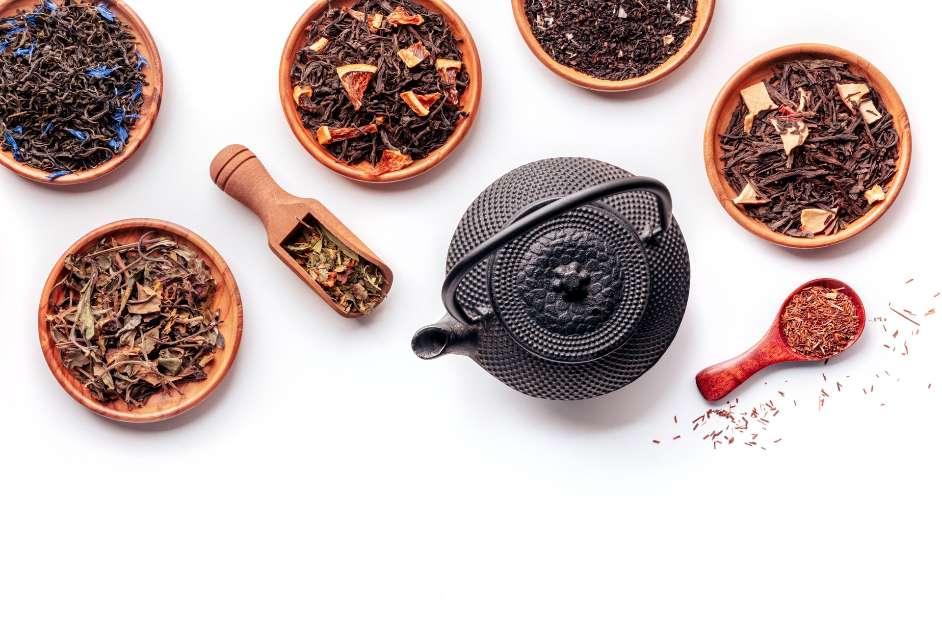 Loose tea leaves. An assortment of herbal, floral, and fruit teas