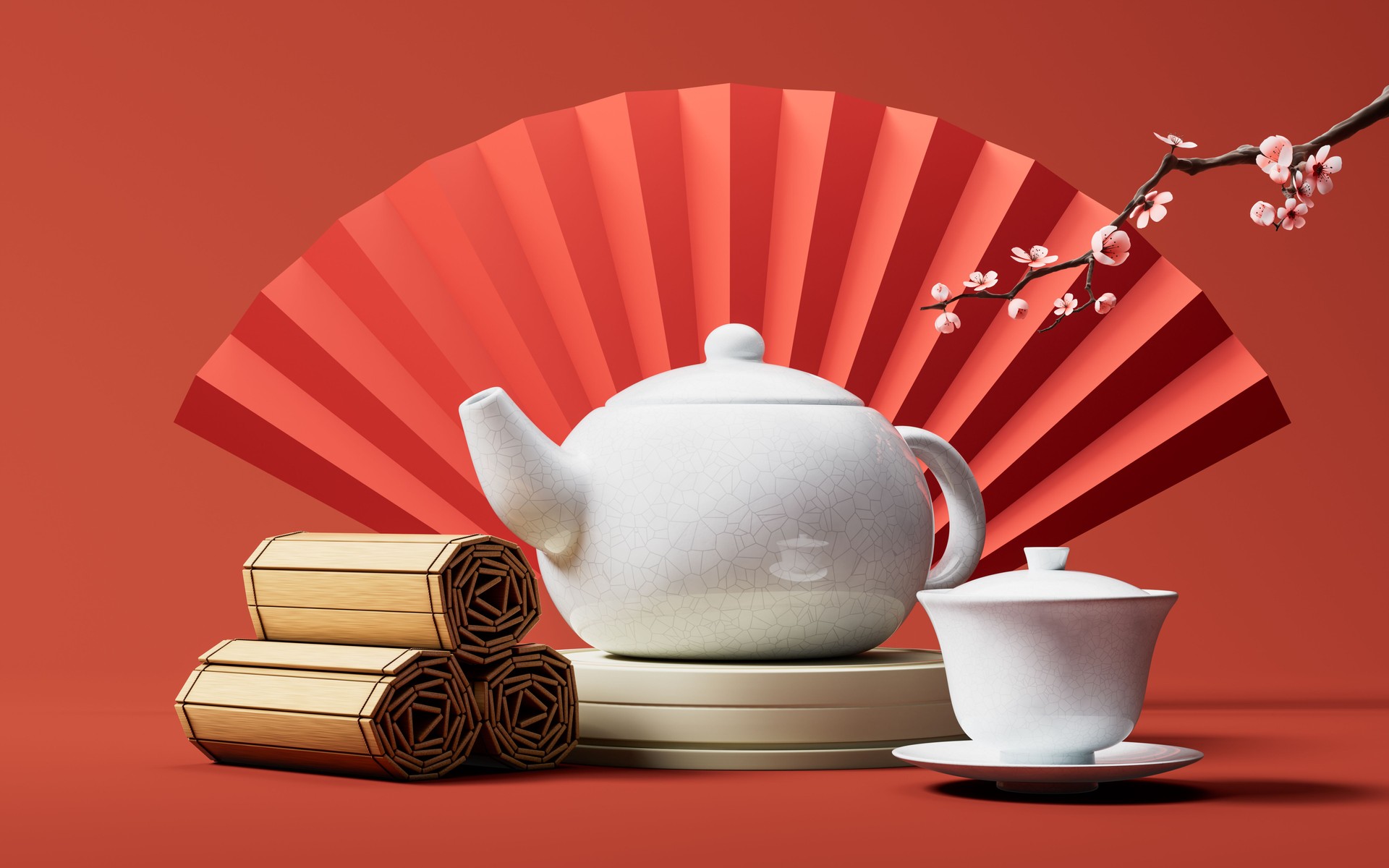 Chinese style teapot and teacup, 3d rendering.